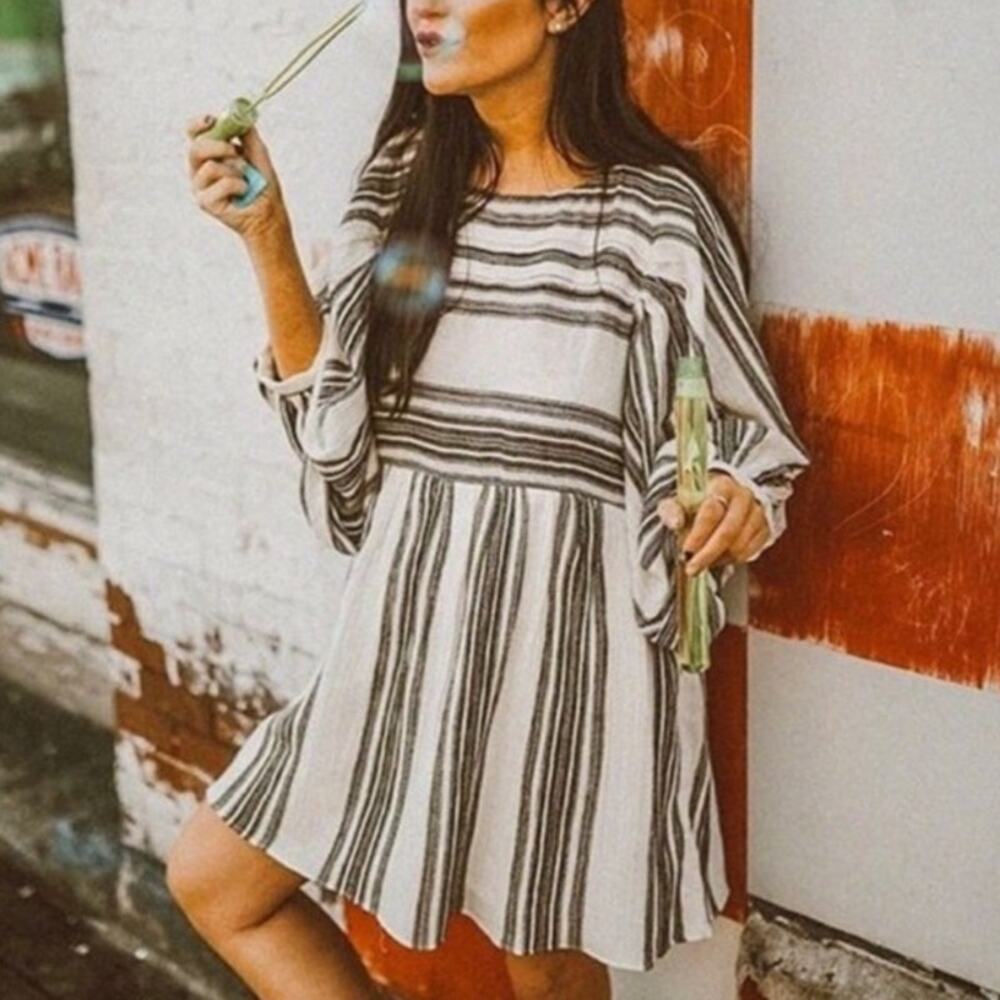 Free People Lilly Cotton Striped Mini Dress Size Large Cream Boho Balloon Sleeve